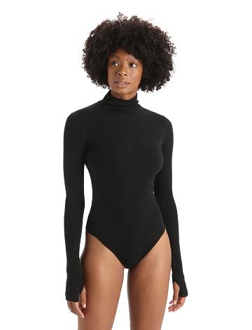 Women's Icebreaker Merino Queens Long Sleeve High Neck Bodysuit Underwear Black | CA 1246KORI